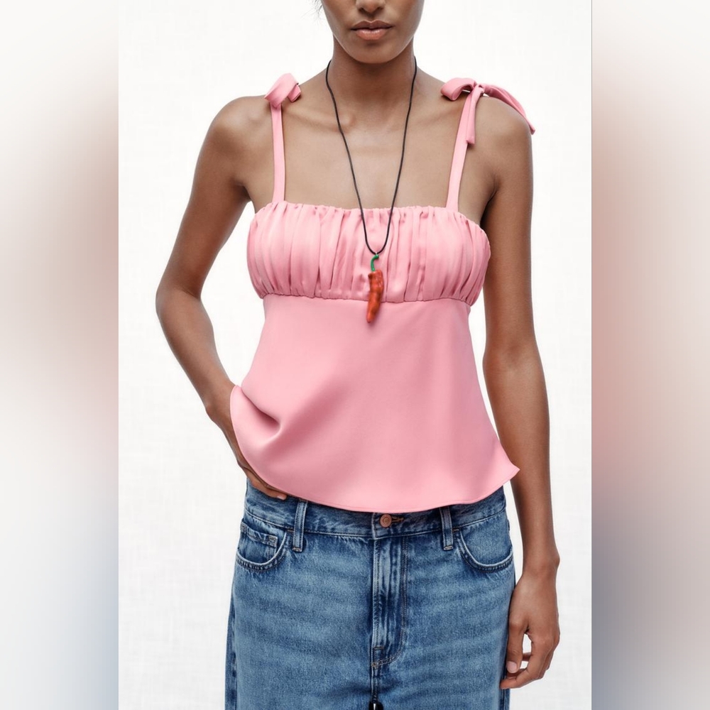 Zara Bow Trim Ruched Satin Effect Top NWT